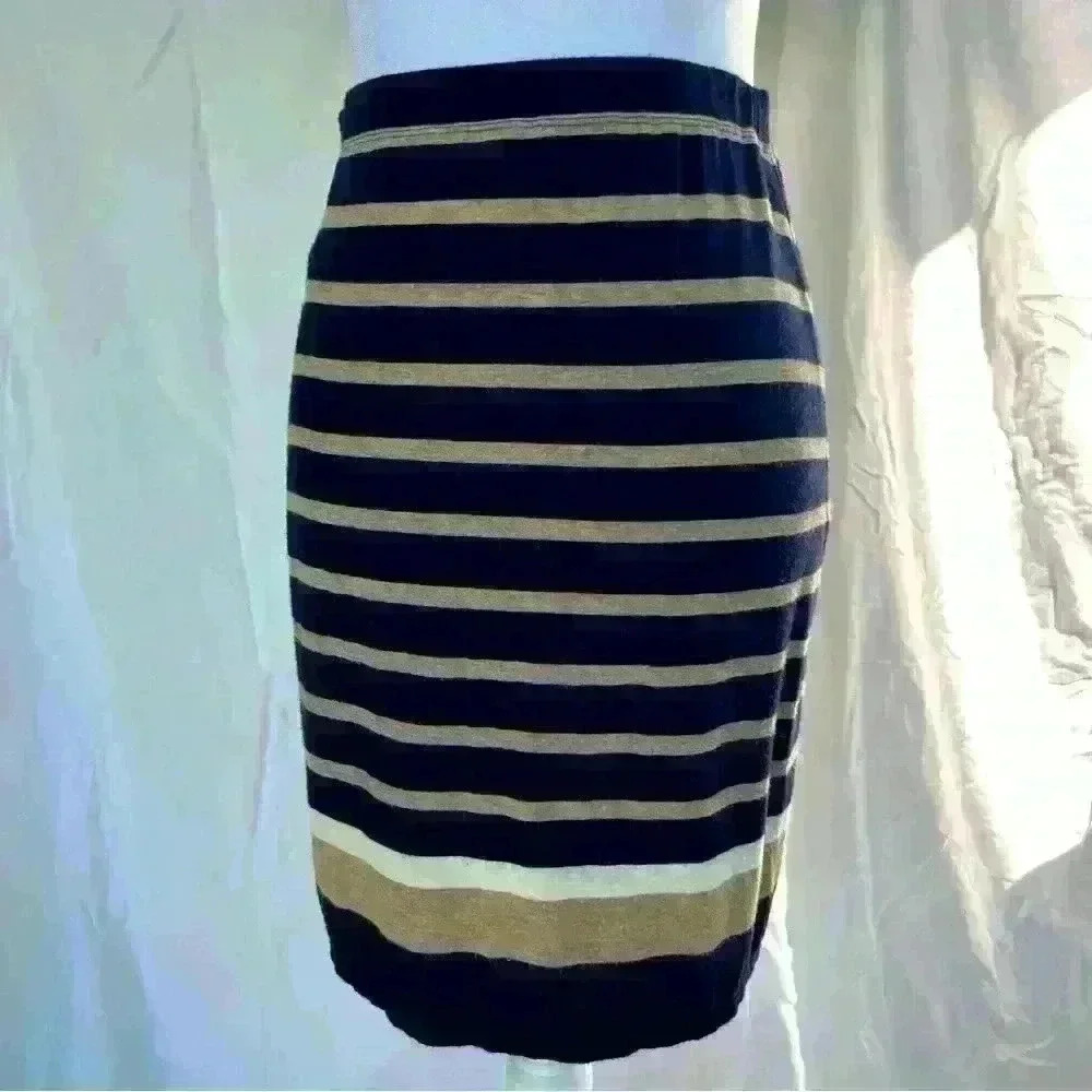 Max Studio navy and tan striped elastic waist pencil skirt.